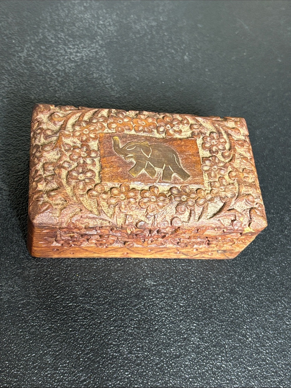 Hand-Carved Wooden Wood Lucky Elephant Trinket Box - Brown
